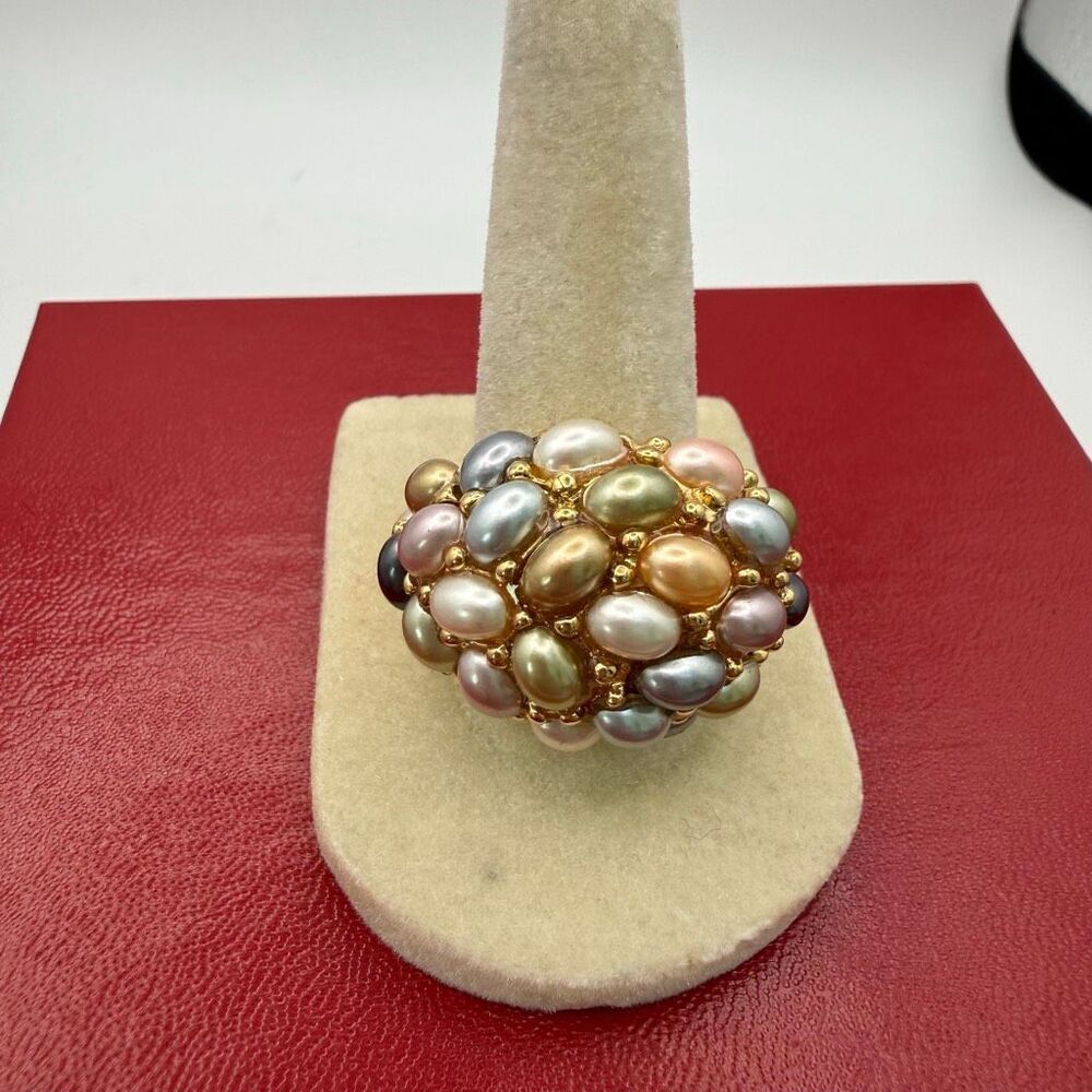 Kenneth Jay Lane vintage gold tone ring dome multi-colored faux pearls New sz 6
